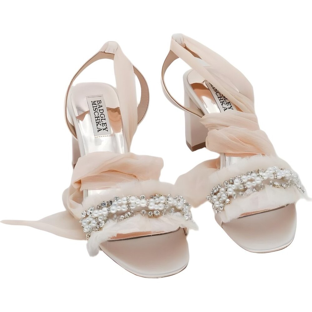Badgley Mischka Blush Pink Embellished Block Heel Sandals